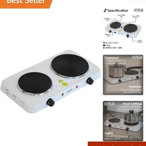OYPLA 2.5KW ELECTRIC PORTABLE KITCHEN DOUBLE HOT PLATE BOXED