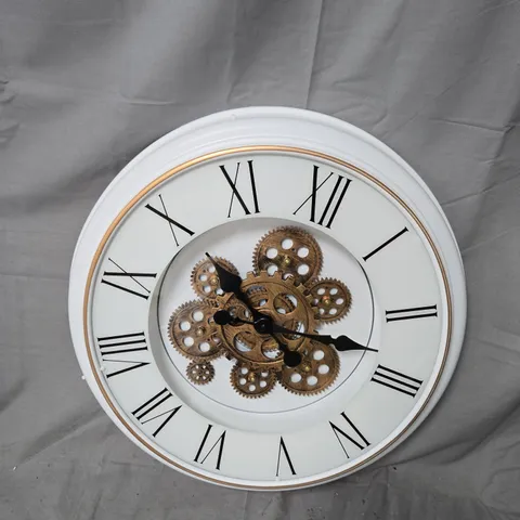 WALL CLOCK WITH EXPOSED BRASS GEARS – WHITE FRAME