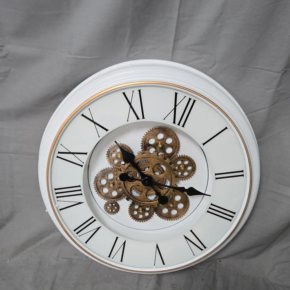 WALL CLOCK WITH EXPOSED BRASS GEARS – WHITE FRAME