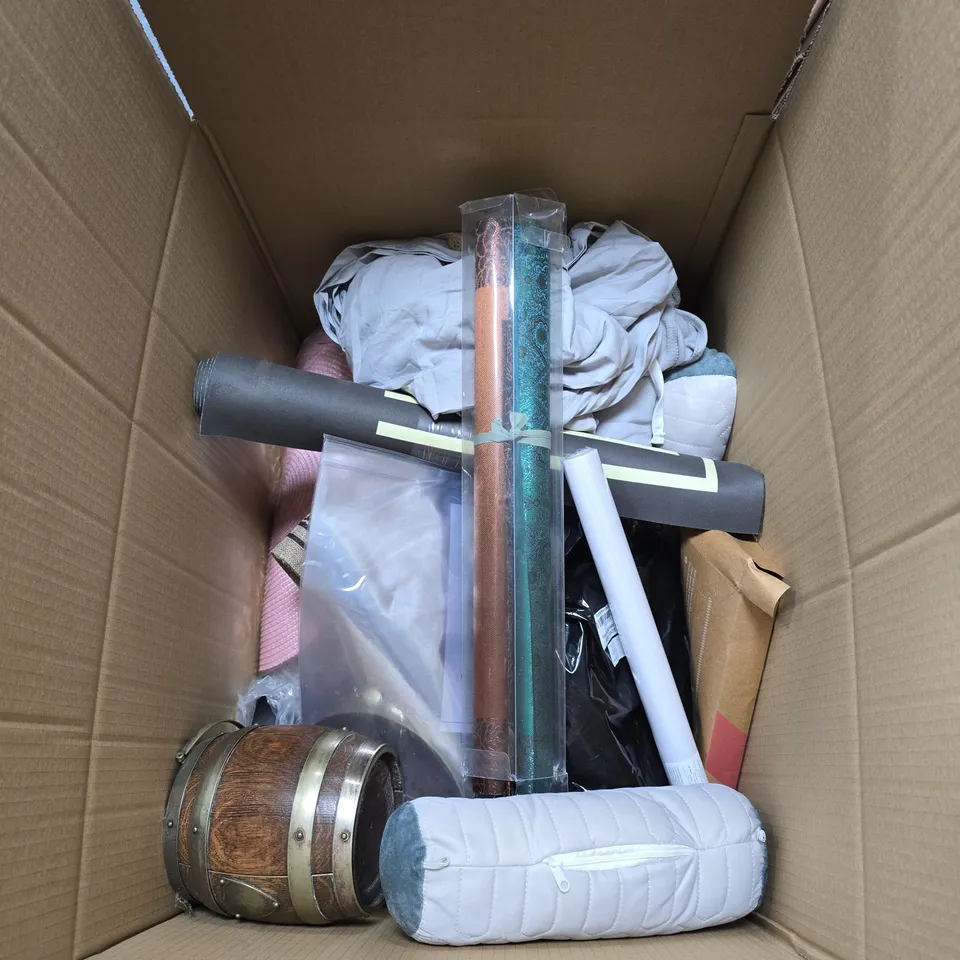 BOX OF APPROXIMATELY 15 ASSORTED HOUSEHOLD ITEMS INCLUDING GARDEN HOSE HOLDER , XEROX PRINT CARTRIDGE AND MEMORY FOAM RING CUSHION 