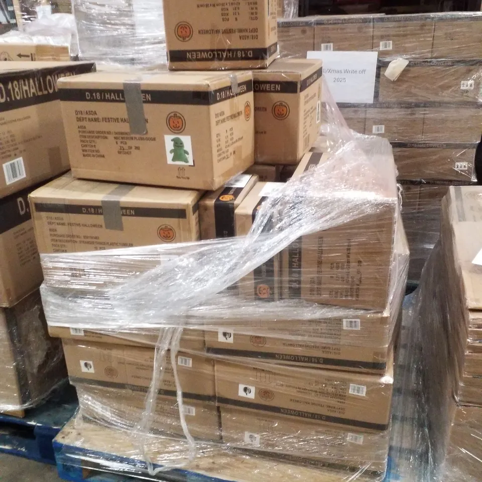 PALLET CONTAINING ASSORTED BRAND NEW HALLOWEEN DECORATIONS INCLUDING OOGIE BOOGIE PLUSH, JACK SKELETON HANGING HEADS, STRANGER THINGS PLASTIC TUMBLERS & STRIPED LIGHT UP PUMPKINS