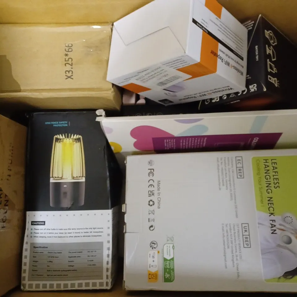 BOX OF APPROXIMATELY 15 ASSORTED HOUSEHOLD ITEMS TO INCLUDE NECK FAN, LED FAN, WIRELESS EARBUDS, ETC