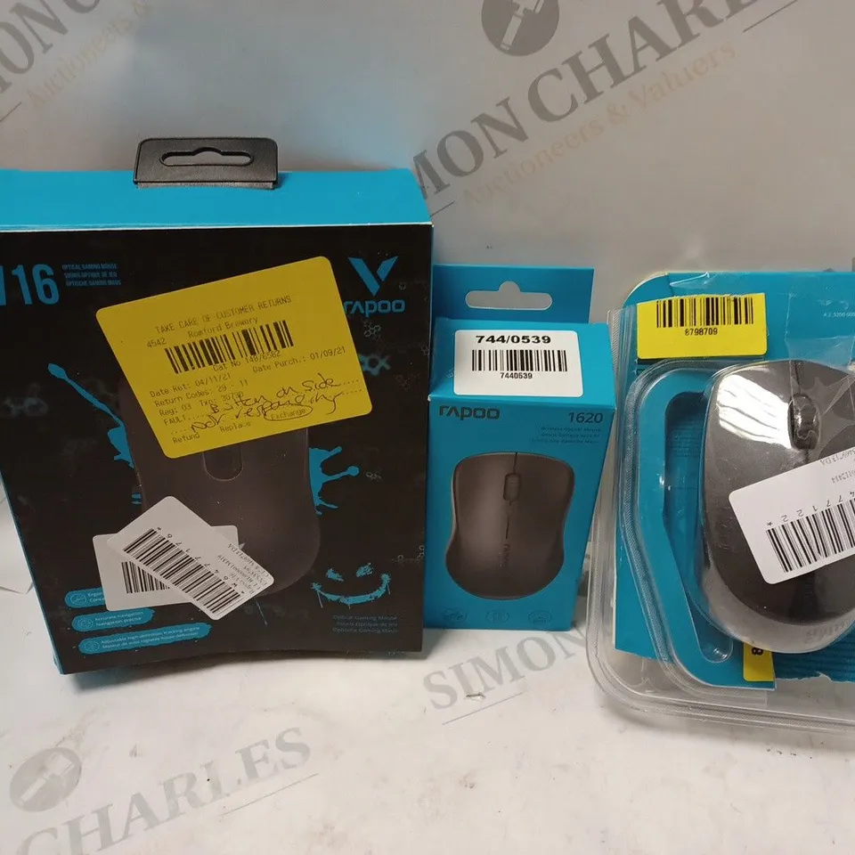 APPROXIMATELY 10 SMALL PERIPHERALS TO INCLUDE RAPOO V16 MOUSE, RAPOO 1620 MOUSE, RAPOO M100 MOUSE, ETC