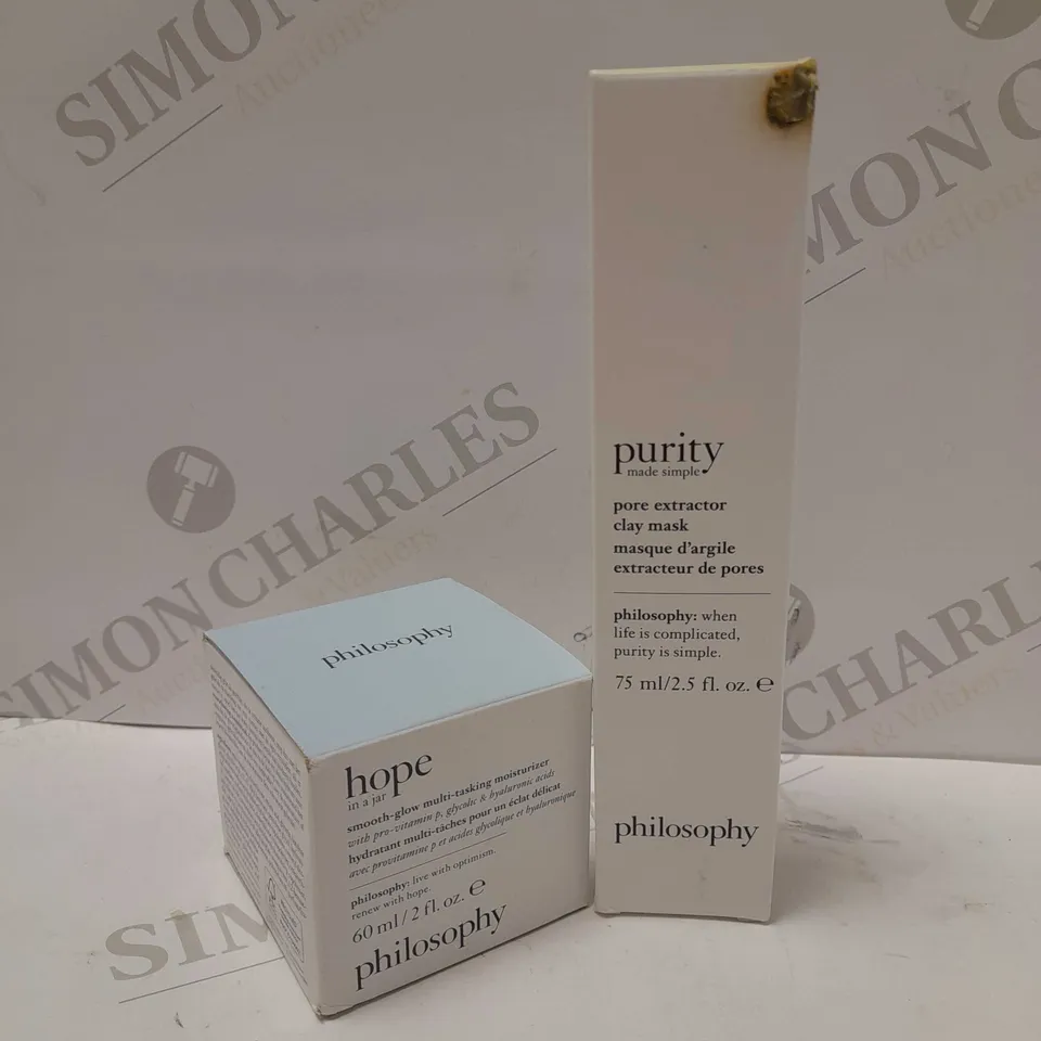 LOT OF 2 PHILOSOPHY PRODUCTS TO INCLUDE RENEWED HOPE IN A JAR FACE CREAM 60ML & PURITY PORE EXTRACTOR CLAY MASK 75ML