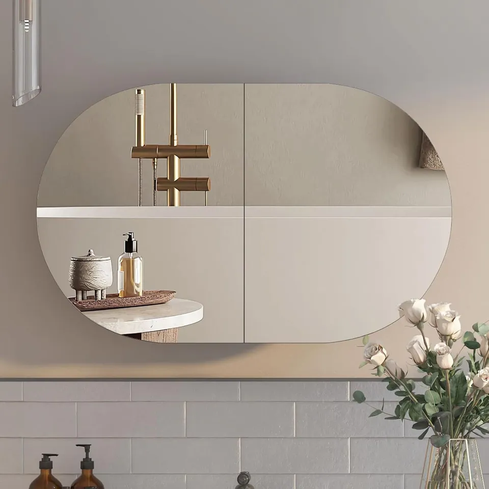 BOXED 96X60 BATHROOM MIRROR CABINETS,HORIZONTAL OVAL MOUNTED CABINET WITH MIRROR - WHITE (1 BOX)