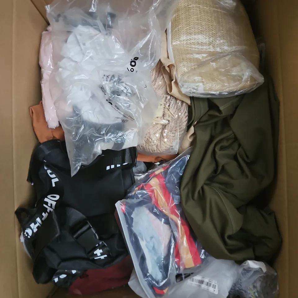 APPROXIMATELY 25 ASSORTED CLOTHING PRODUCTS IN VARIOUS STYLES & SIZES TO INCLUDE JACKETS, T-SHIRTS, DRESSES ETC