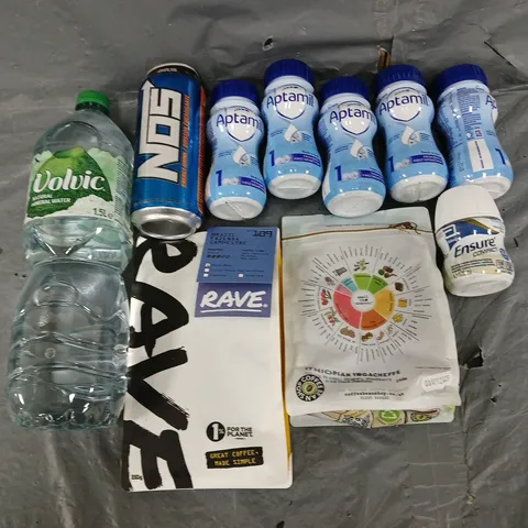 APPROXIMATELY 8 ASSORTED FOOD & DRINK ITEMS TO INCLUDE - RAVE COFFEE, VOLVIC WATER, AND APTAMIL ETC.