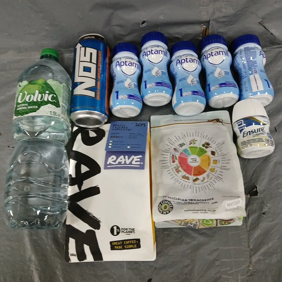 APPROXIMATELY 8 ASSORTED FOOD & DRINK ITEMS TO INCLUDE - RAVE COFFEE, VOLVIC WATER, AND APTAMIL ETC. 