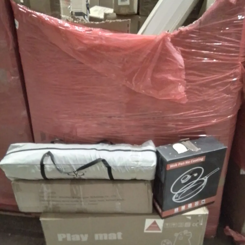 PALLET CONTAINING VARIOUS ASSORTED ITEMS TO INCLUDE: WOK PAN, OFFICE CHAIR, PLAY MAT,   AND LOTS MORE UNMARKED BOXED ITEMS 