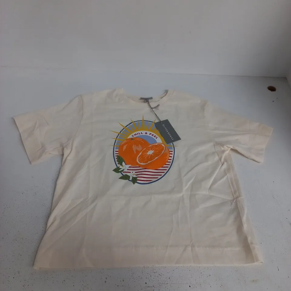 OLIVER BONAS WHITE CHILL AND PEEL ORANGE T-SHIRT IN WHITE - UK 8