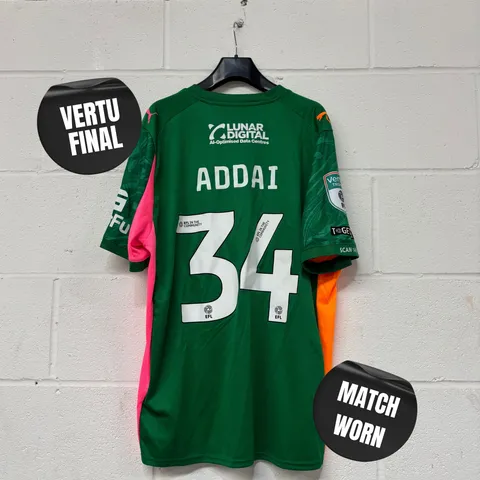 STOCKPORT COUNTY F.C VERTU TROPHY FINALS MATCH WORN HOME GOLEKEEPERS SHIRT IN GREEN - UK L / COREY ADDAI # 34