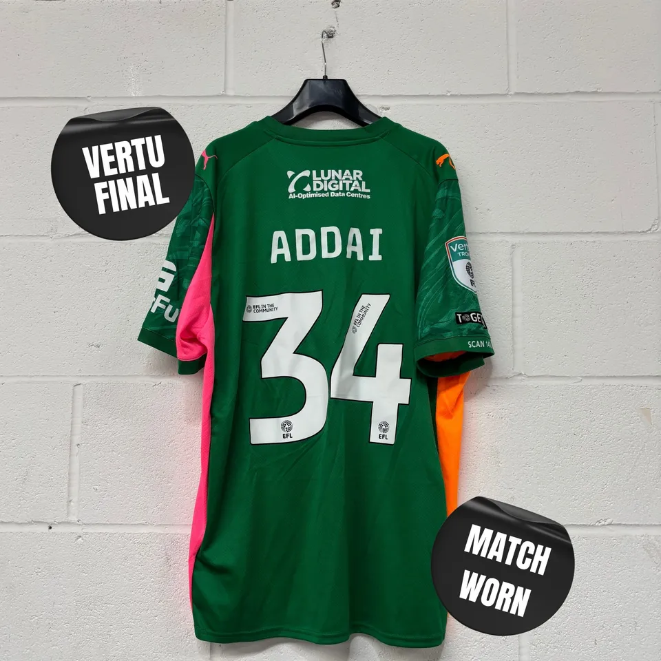 STOCKPORT COUNTY F.C VERTU TROPHY FINALS MATCH WORN HOME GOLEKEEPERS SHIRT IN GREEN - UK L / COREY ADDAI # 34
