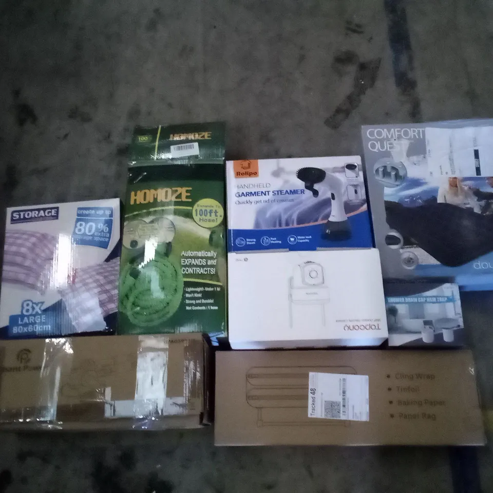 PALLET OF ASSORTED ITEMS INCLUDING HOMOZE EXPANDING HOSE, DELUXE DOUBLE AIRBED, HANDHELD GARMENT STEAMER, SECURITY CAMERA, ANGLE GRINDER, SHOWER DRAIN CAP HAIR TRAP