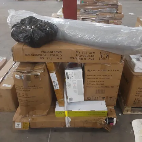 PALLET OF ASSORTED HOUSEHOLD ITEMS AND CONSUMER PRODUCTS TO INCLUDE; RUG, FLOORING, TOYS, FURNITURE ETC