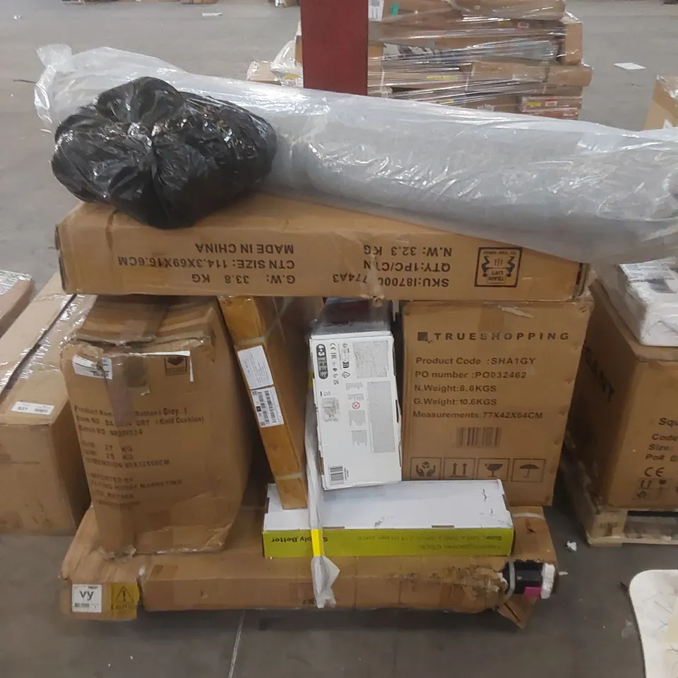 PALLET OF ASSORTED HOUSEHOLD ITEMS AND CONSUMER PRODUCTS TO INCLUDE; RUG, FLOORING, TOYS, FURNITURE ETC 