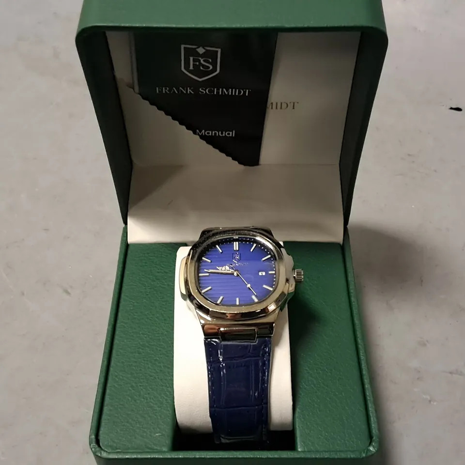 FRANK SCHMIDT STAINLESS STEEL BLUE FACED GENTS WATCH WITH BLUE LEATHER STRAP 