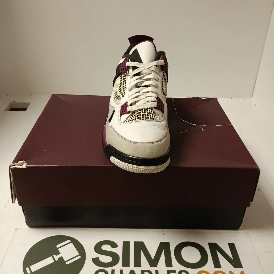 BOXED PAIR OF NIKE AIR JORDAN 4 RETRO PSG TRAINERS IN WHITE/PURPLE - UK 10.5