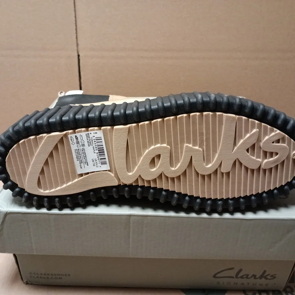 BOXED PAIR OF CLARKS TORHILL MAPLE BOOTS IN BEIGE PATENT - UK 4.5