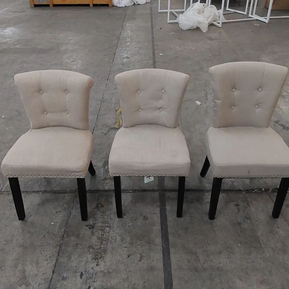 3 X ASSORTED UPHOLSTERED BEIGE LINEN DINING CHAIRS 