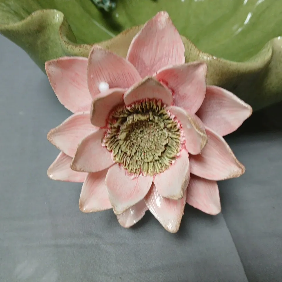 CERAMIC FROG FIGURINES ON LOTUS LEAF WITH PINK FLOWER – DECORATIVE GARDEN ORNAMENT