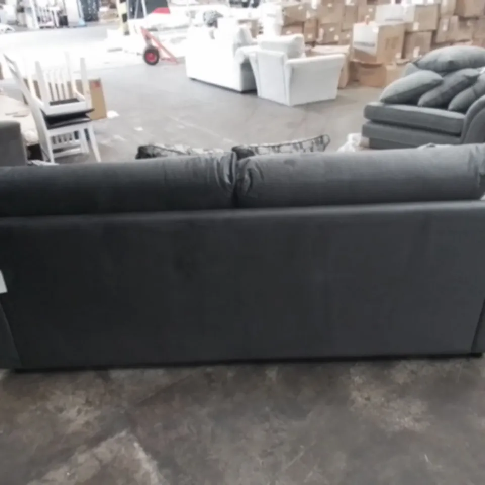DESIGNER GREY FABRIC THREE SEATER SOFA WITH SCATTER CUSHIONS 