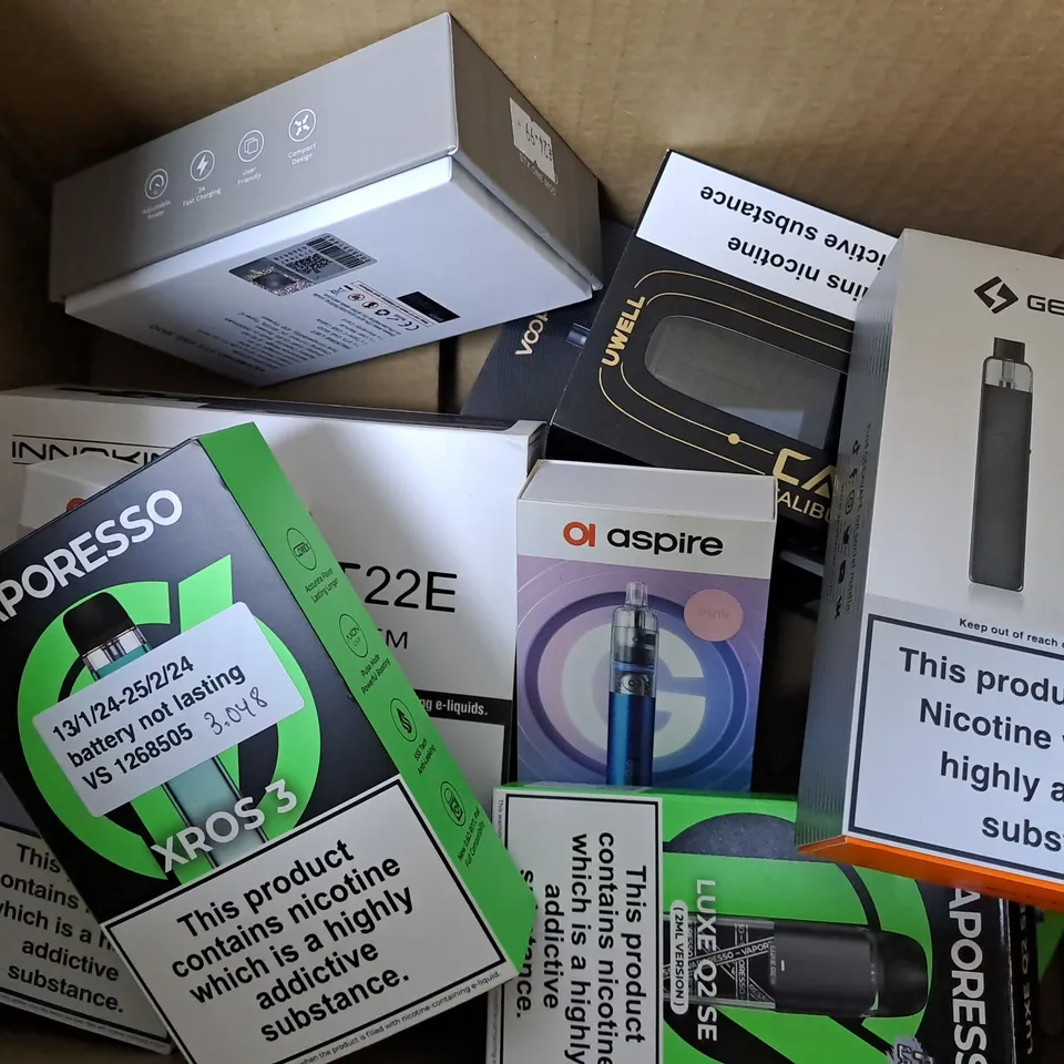 APPROXIMATELY 10 ASSORTED E-CIGARETTE PRODUCTS TO INCLUDE INNOKIN ENDURA T22E, VOOPOO DRAG S PRO, UWELL CALIBURN G2 POD SYSTEM 