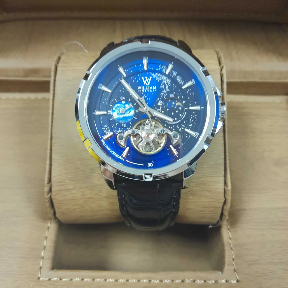 MENS WILLIAM JOURDAIN AUTOMATIC 2580 WATCH – OPEN HEART MOVEMENT WITH SUB DIALS – GLASS EXHIBITION BACK CASE – BLACK GENUINE LEATHER STRAP