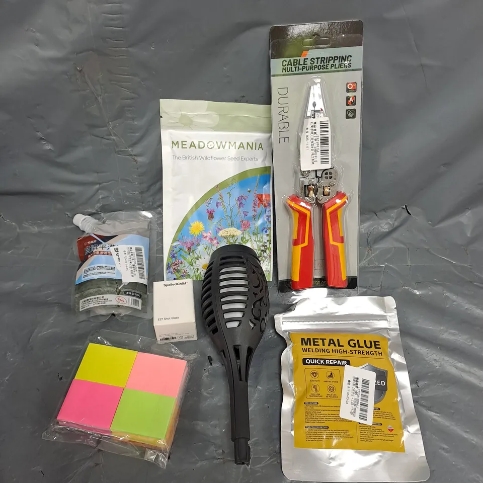 APPROXIMATELY 15 ASSORTED HOUSEHOLD ITEMS TO INCLUDE CABLE STRIPPER, METAL GLUE, WILDFLOWER SEED ETC 