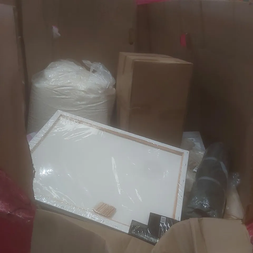 PALLET OF ASSORTED HOUSEHOLD ITEMS AND CONSUMER PRODUCTS TO INCLUDE; FOLDING TABLE, BATHROOM CABINET, WALL DECOR, UMBRELLA ETC