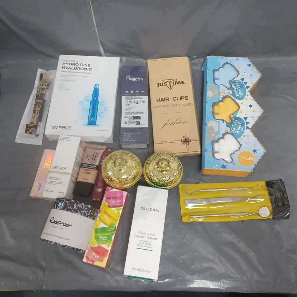 BOX OF APPROXIMATELY 12 ASSORTED COSMETIC ITEMS TO INCLUDE -ELF SOFT GLAM- JUSTIME HAIRCLIPS - WONJIN EFFECT ETC.