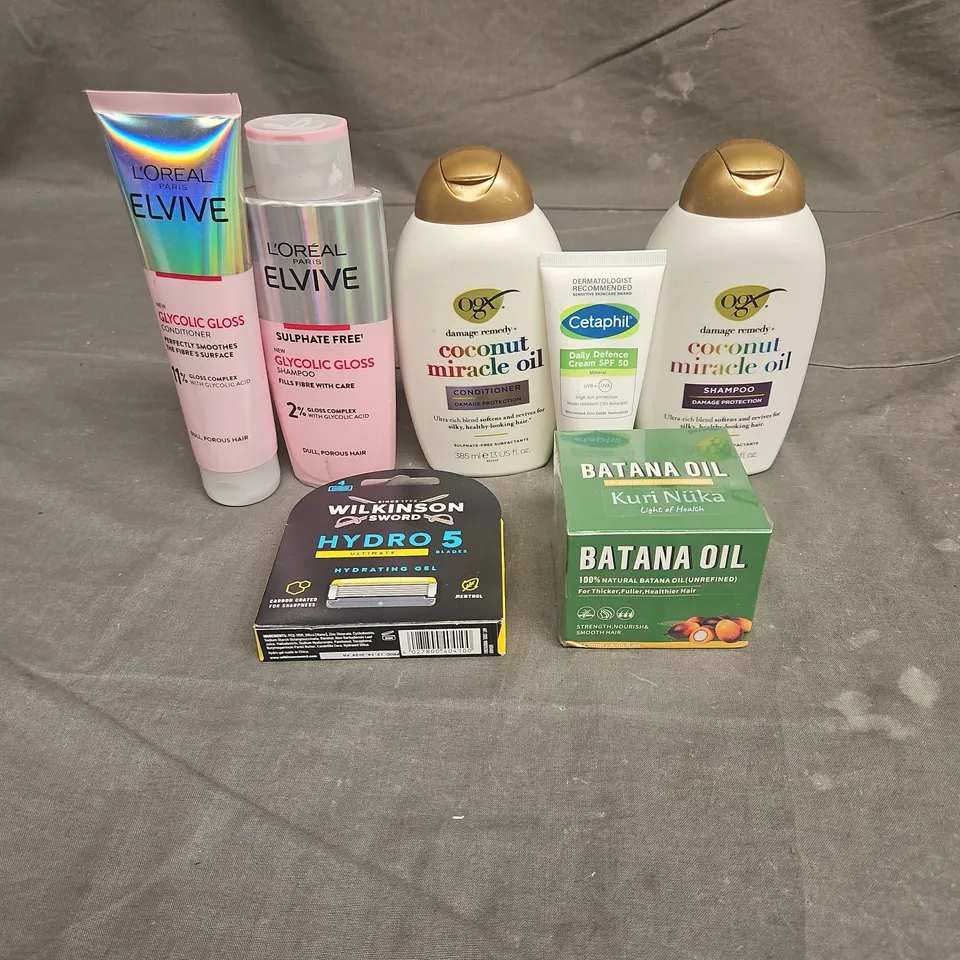 APPROXIMATEY 20 HEALTH AND BEAUTY PRODUCTS TO INCLUDE - L'OREAL ELVIVE GLYCOLIC GLOSS SHAMPOO & CONDITIONER - WILKINSON SWORD BLADE PACK - CETAPHIL SPF 50 CREAM - ETC