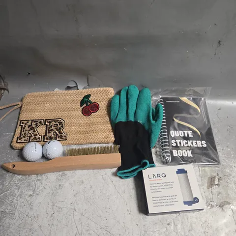 APPROXIMATELY 20 ASSORTED HOUSEHOLD PRODUCTS TO INCLUDE QUOTE STICKERS BOOK, PROTECTIVE GLOVES, GOLF BALLS ETC  