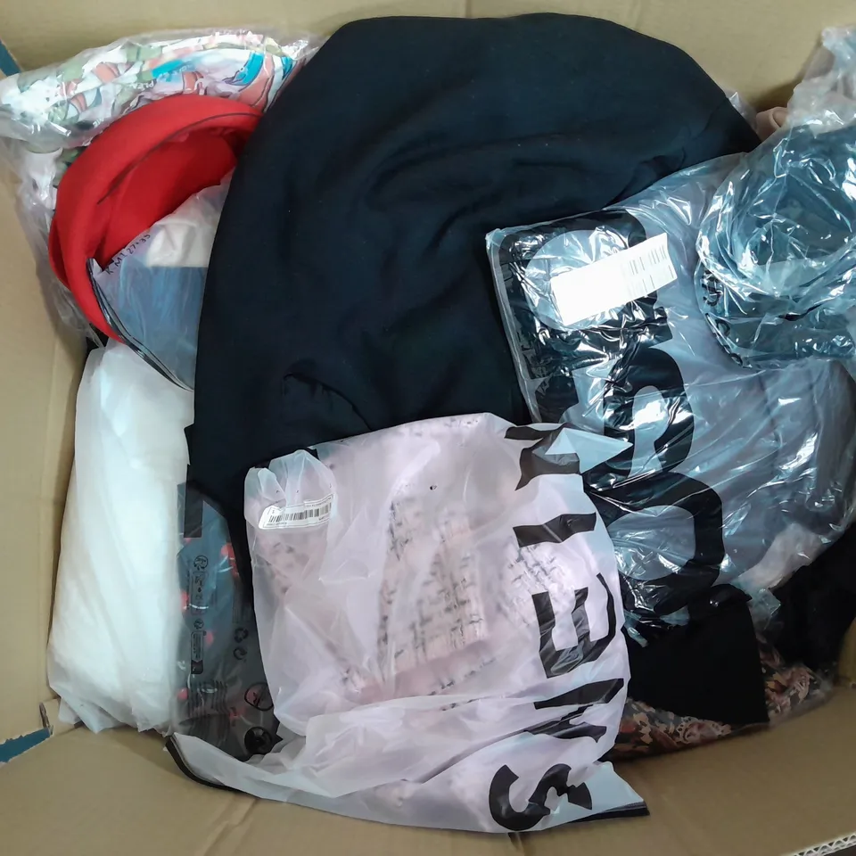 LARGE BOX OF ASSORTED CLOTHING ITEMS IN VARIOUS COLOURS AND SIZES INCLUDING TROUSERS , TOPS AND JUMPERS