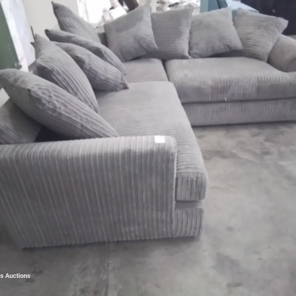 DESIGNER AJO CORNER SOFA WITH SCATTER CUSHIONS GREY JUMBO CHORD 