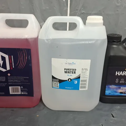 TOTE OF APPROXIMATELY 4 ASSORTED LIQUIDS TO INCLUDE - HARDENER , PURIFIED WATER ETC