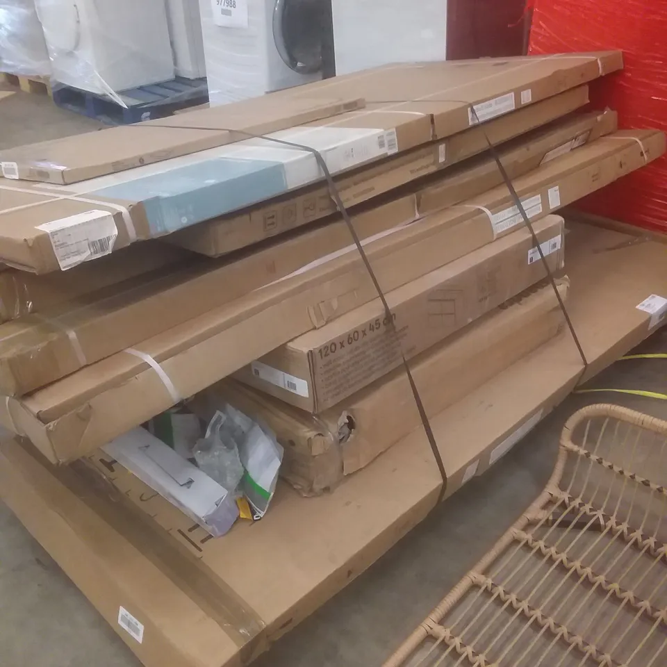 PALLET OF ASSORTED ITEMS INCLUDING SLIDING DOORS, BASIN CABINETS AND SIDE PANELS
