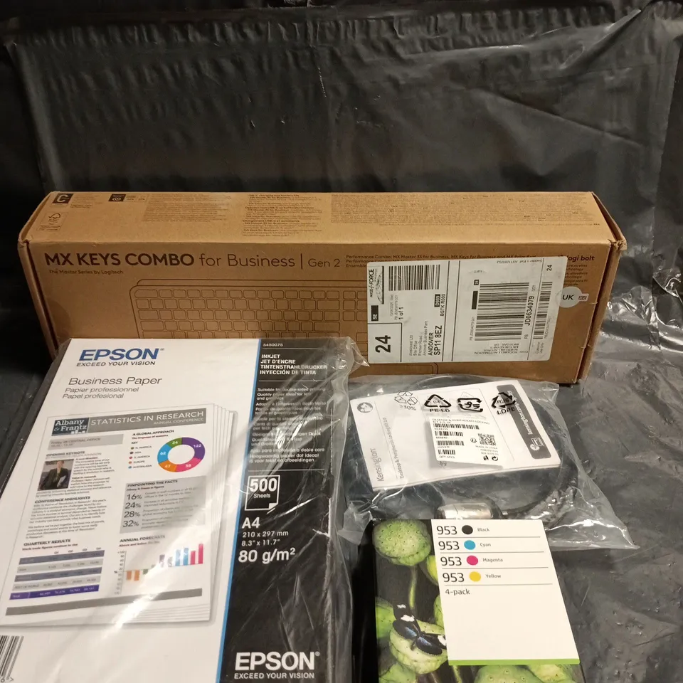 APPROXIMATELY 20 ASSORTED COMPUTER PRODUCTS TO INCLUDE PRINTER PAPER, PRINTER INK, KEYBOARDS ETC 