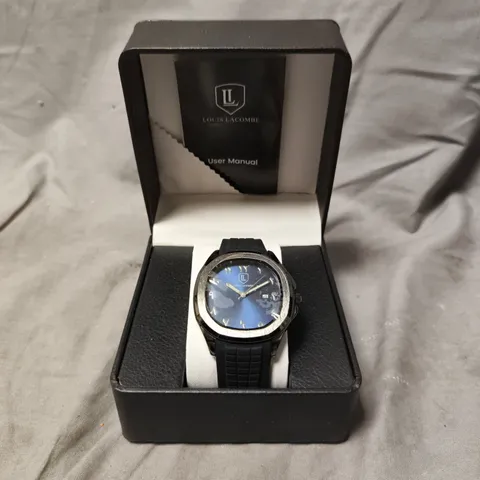 MENS LOUIS LACOMBE BLACK RUBBER STRAP NAVY DIAL WATCH - DATE DIAL