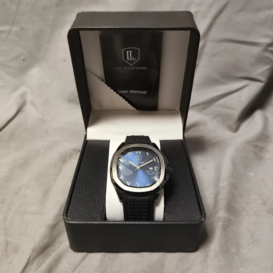 MENS LOUIS LACOMBE BLACK RUBBER STRAP NAVY DIAL WATCH - DATE DIAL