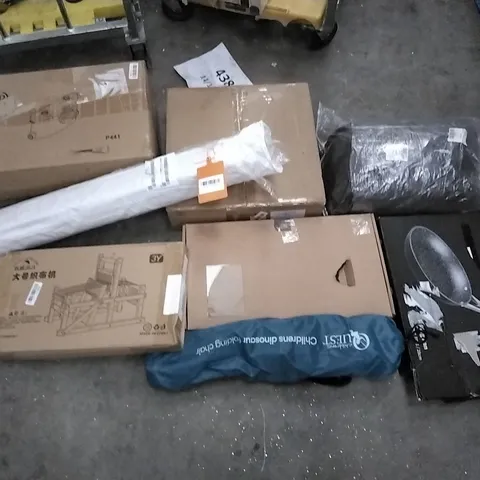 PALLET OF ASSORTED ITEMS INCLUDING CHILDREN'S QUEST CHILDREN'S DINOSAUR FOLDING CHAIR, HITECLIFE FRYING PAN, SANITARY PUMPS, OLARHIKE QUEEN SIZE AIR BED, SKYLIGHT NONSTICK WOK PAN, VARMHUS WALLPAPER