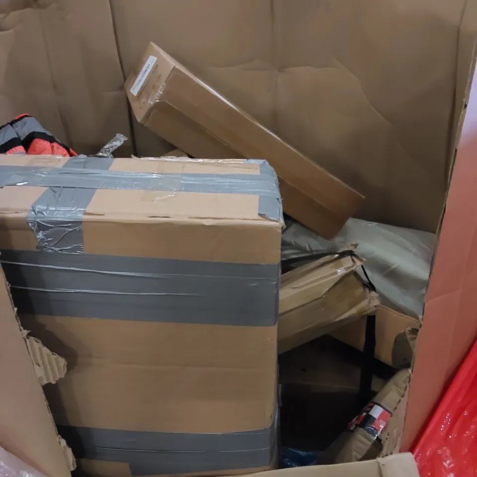 PALLET TO CONTAIN ASSORTED HOUSEHOLD ITEMS AND CONSUMER PRODUCTS. INCLUDES INFLATABLE AIR MATTRESS, BOXED FURNITURE ETC