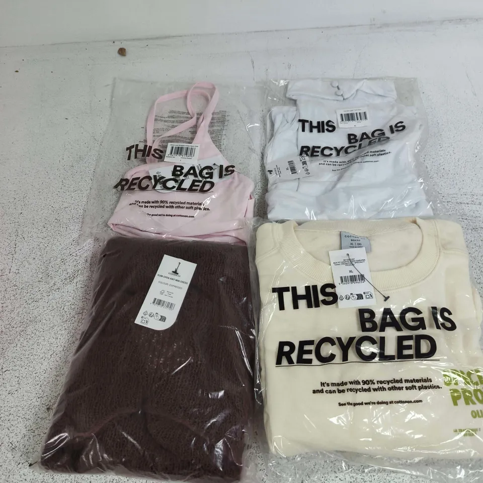 APPROXIMATELY 14 ASSORTED CLOTHING ITEMS IN VARIOUS SIZES, COLOURS & STYLES TO INCLUDE GRAPHIC CREW SEAT, HOLD ME HALTER TWIST BACK, OPEN KNIT MINI DRESS, ETC