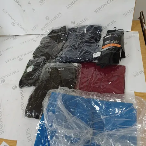 LARGE BOX OF ASSORTED CLOTHING ITEMS IN VARIOUS COLOURS AND SIZES INCLUDING TROUSERS , TOPS AND JUMPERS
