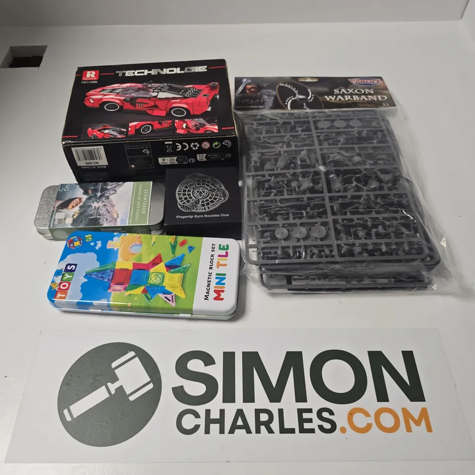 APPROXIMATELY 10 ASSORTED TOYS & GAMES PRODUCTS TO INCLUDE TECHNOLGIE CAR, FINGERTIP GYRO ROULETTE DICE, SAXON WARBAND, ETC