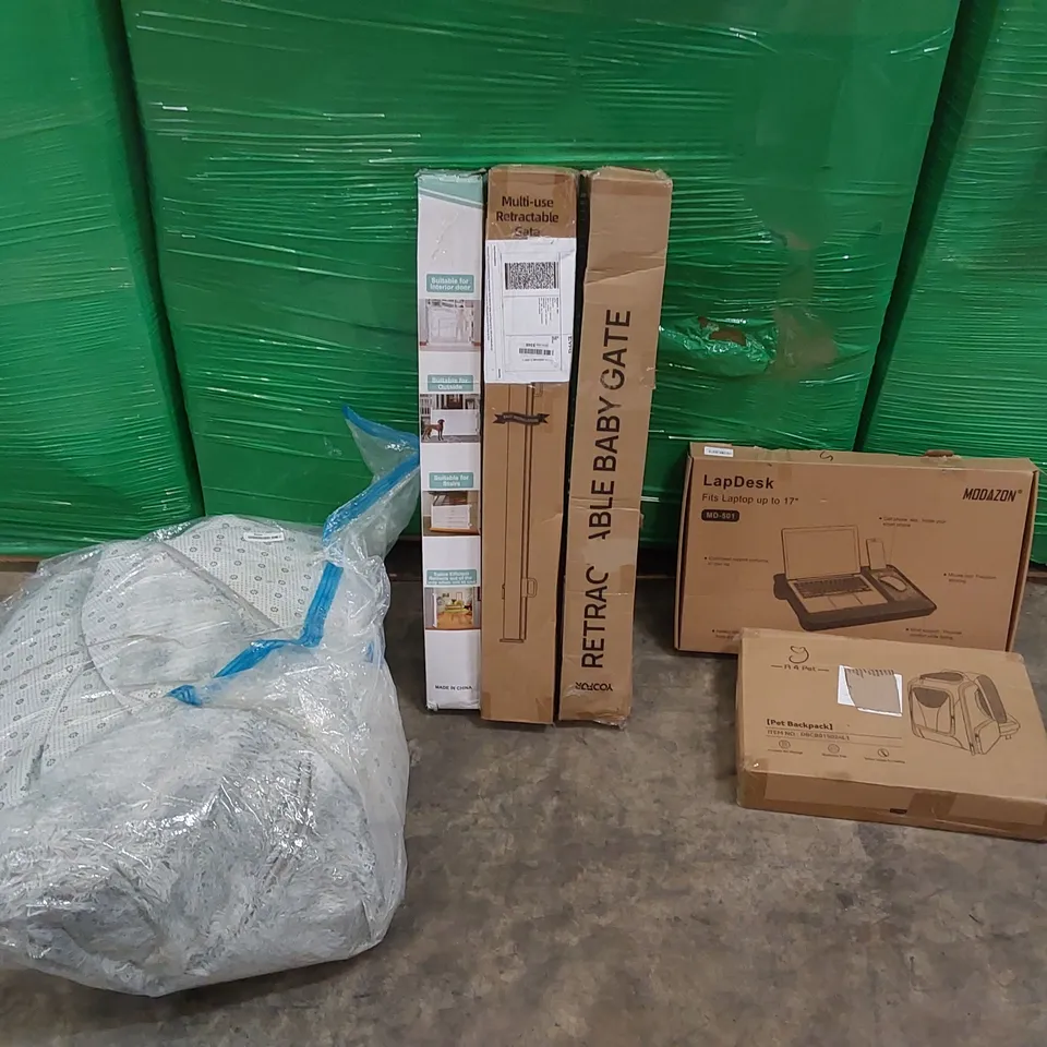 PALLET OF ASSORTED CONSUMER PRODUCTS TO INCLUDE: RETRACTABLE BABY GATES, PET BACKPACK, LAPTOP DESK, RUGS ECT