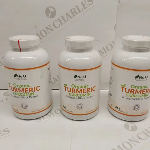 APPROXIMATELY 3 BOTTLES OF NU U ORGANIC TUMERIC CURCUMIN & ORGANIC BLACK PEPPER NUTRITION VEGAN CAPSULES - 365 CAPSULES PER BOTTLE // BEST BEFORE: 07/26