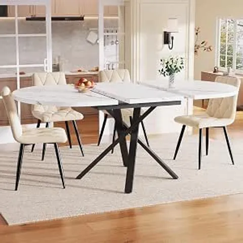 BOXED ROUND EXTENDABLE DINING TABLE 100-140CM MARBLE LOOK X METAL FRAME BLACK