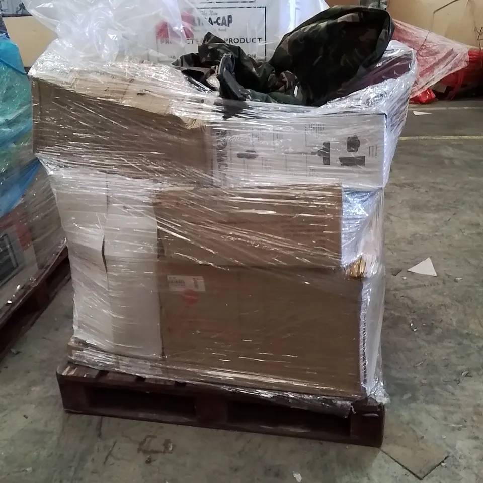 PALLET OF ASSORTED HOUSEHOLD GOODS AND PRODUCTS TO INCLUDE;TONER CARTRIDGE,VACUUM CLEANER,CAMOUFLAGE OVERALL,SLOW COOKER,MIXER