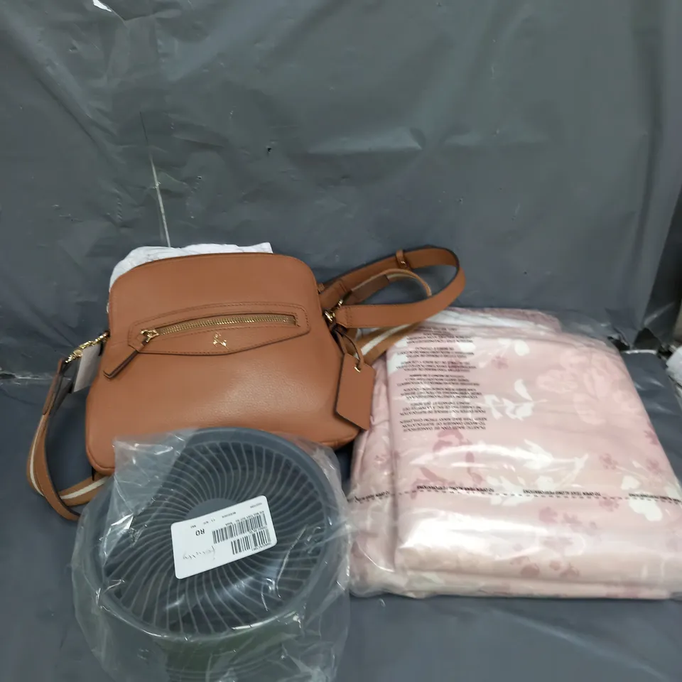 approximately 10 household items to include bedding, foldable fan and a handbag