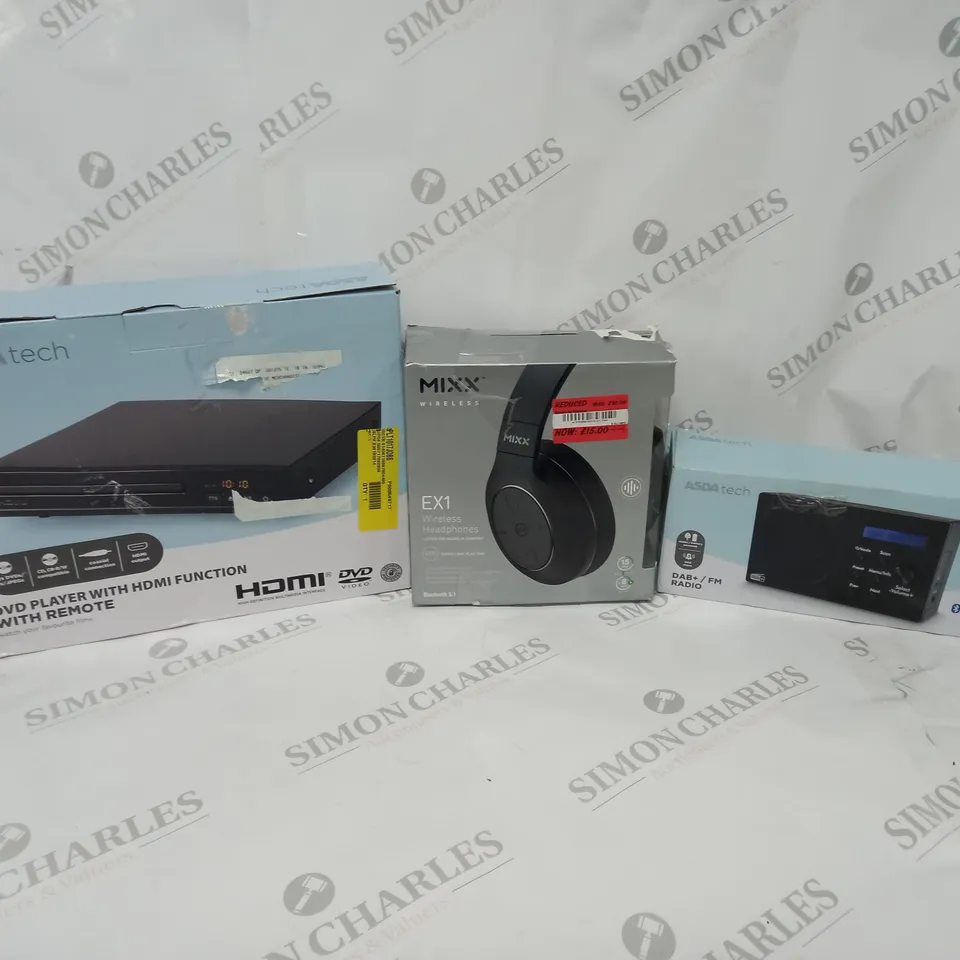 APPROXIMATELY 20 ASSORTED ITEMS TO INCLUDE MIXX EX1 WIRELESS HEADPHONES, DAB+ RADIO, DVD PLAYER ETC. 
